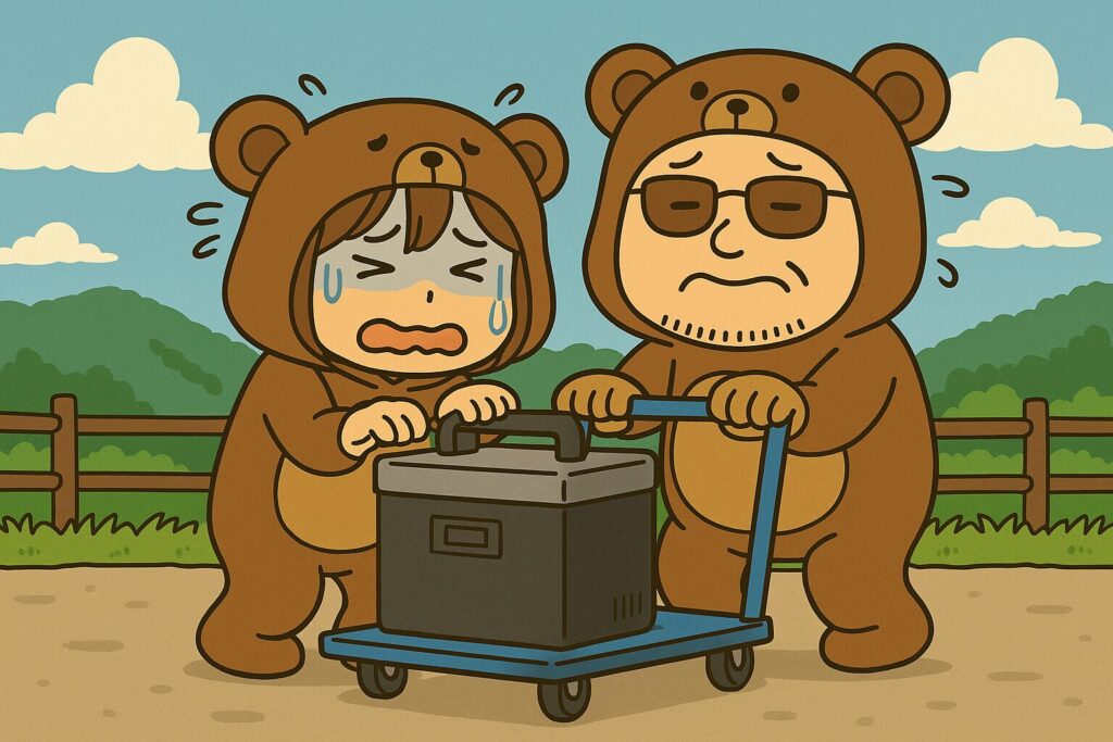 台車にポータブル冷蔵庫を乗せて運ぶ、汗だくのくま着ぐるみ夫婦のイラスト。