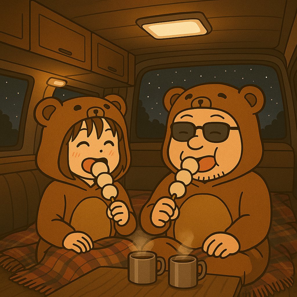 車中泊の車内で串団子と温かい飲み物を楽しむクマの着ぐるみ夫婦のイラスト