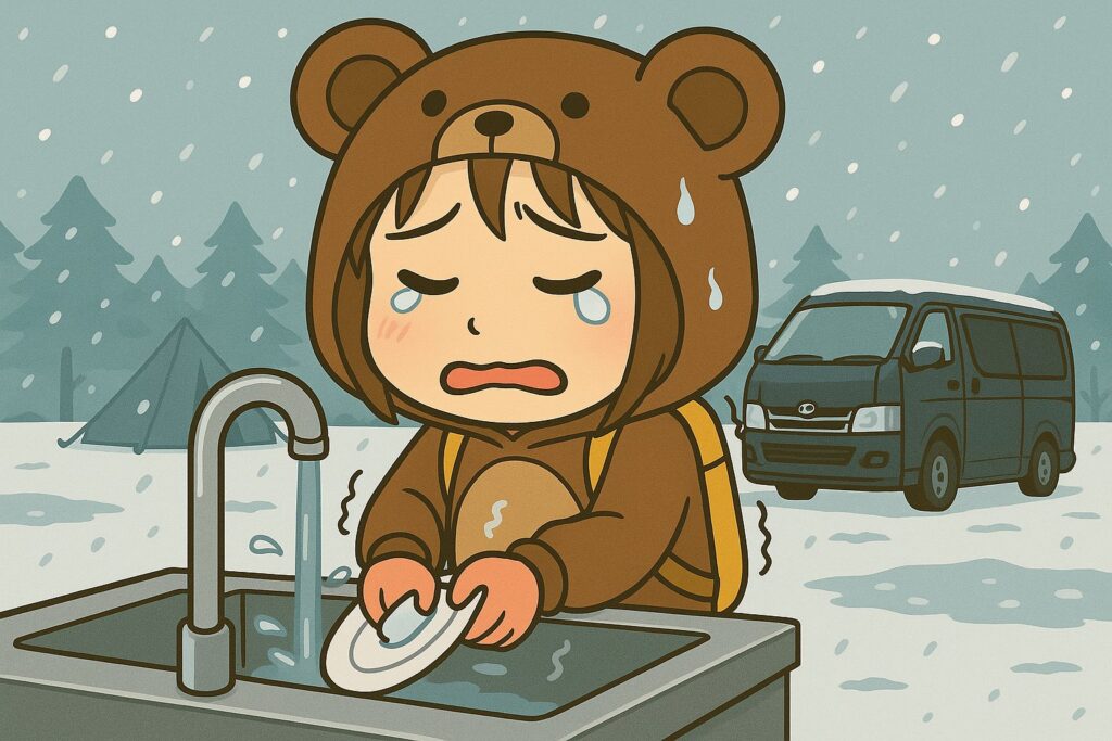 冷たい水に手を入れて皿洗いをするくま嫁