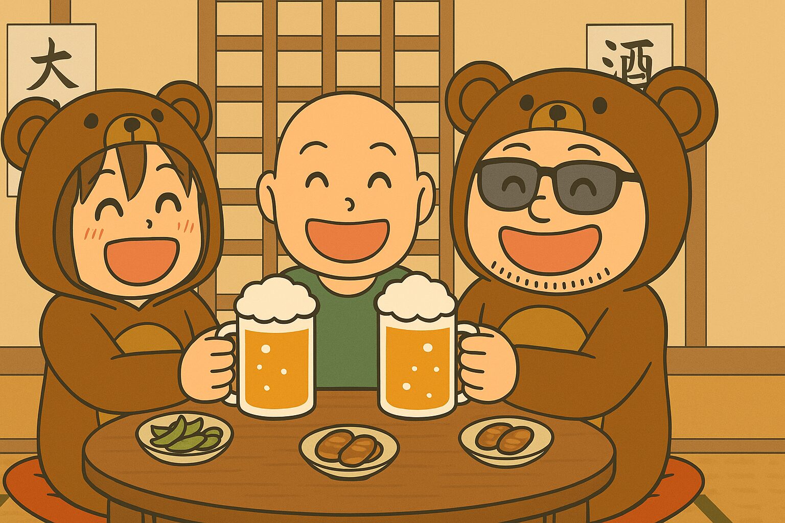 居酒屋風の部屋で、ビールジョッキを手に乾杯するくまの着ぐるみを着た夫婦と丸坊主の友人のイラスト