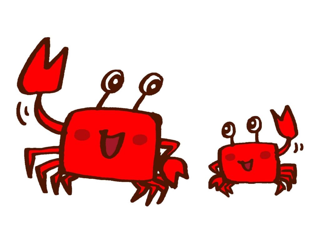 赤いカニの親子が笑顔で手を振っているイラスト