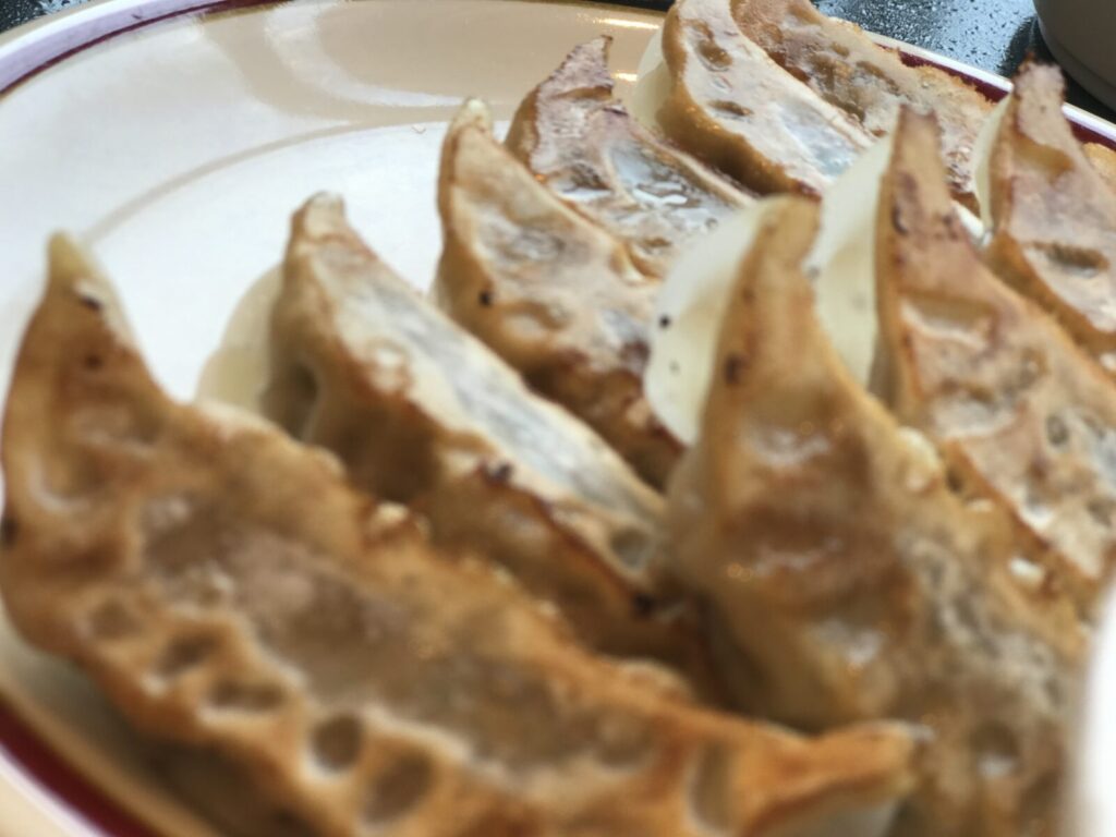 焦げ目が香ばしい焼き餃子のアップ写真。ジューシーさが伝わる角度で撮影されている。