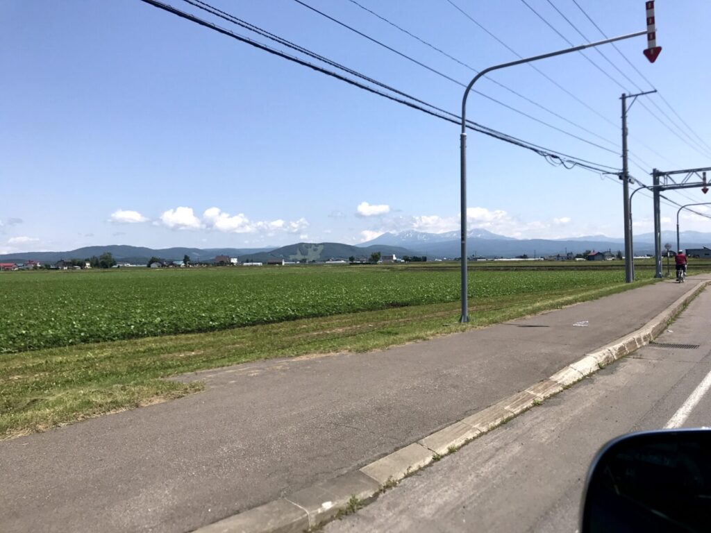 北海道東川町で撮影した道沿いの田園風景と遠くに見える山々