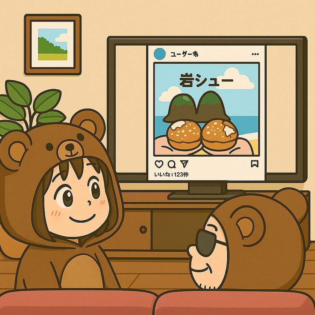SNSに投稿された岩シューの写真をテレビで見るくま夫婦のイラスト