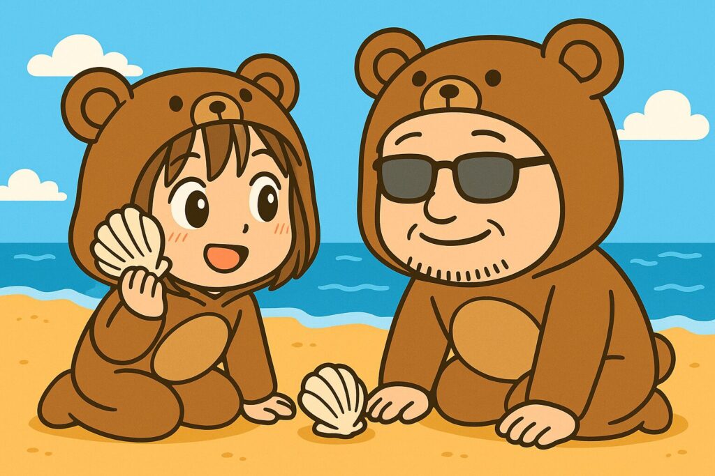 海辺で貝殻を集めて楽しむくま夫婦のイラスト
