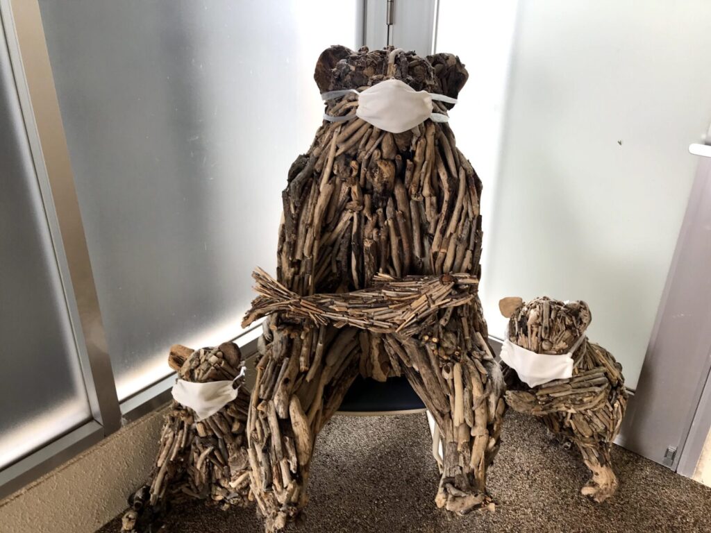 木の温もりあふれるクマの親子の流木アート、すべてにマスク着用