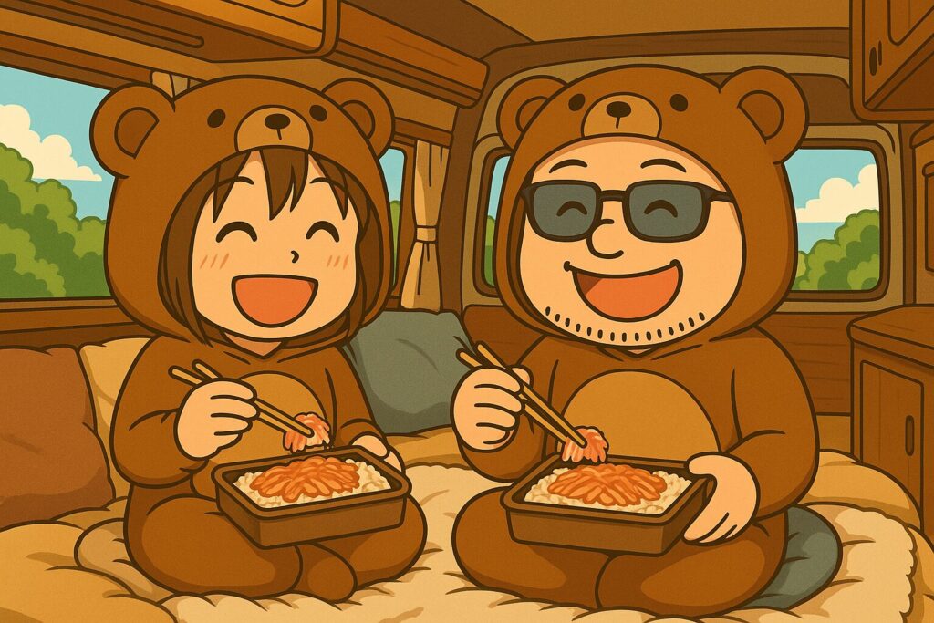 クマの着ぐるみを着た夫婦が、キャンピングカーの中でカニ飯弁当を楽しんでいる様子