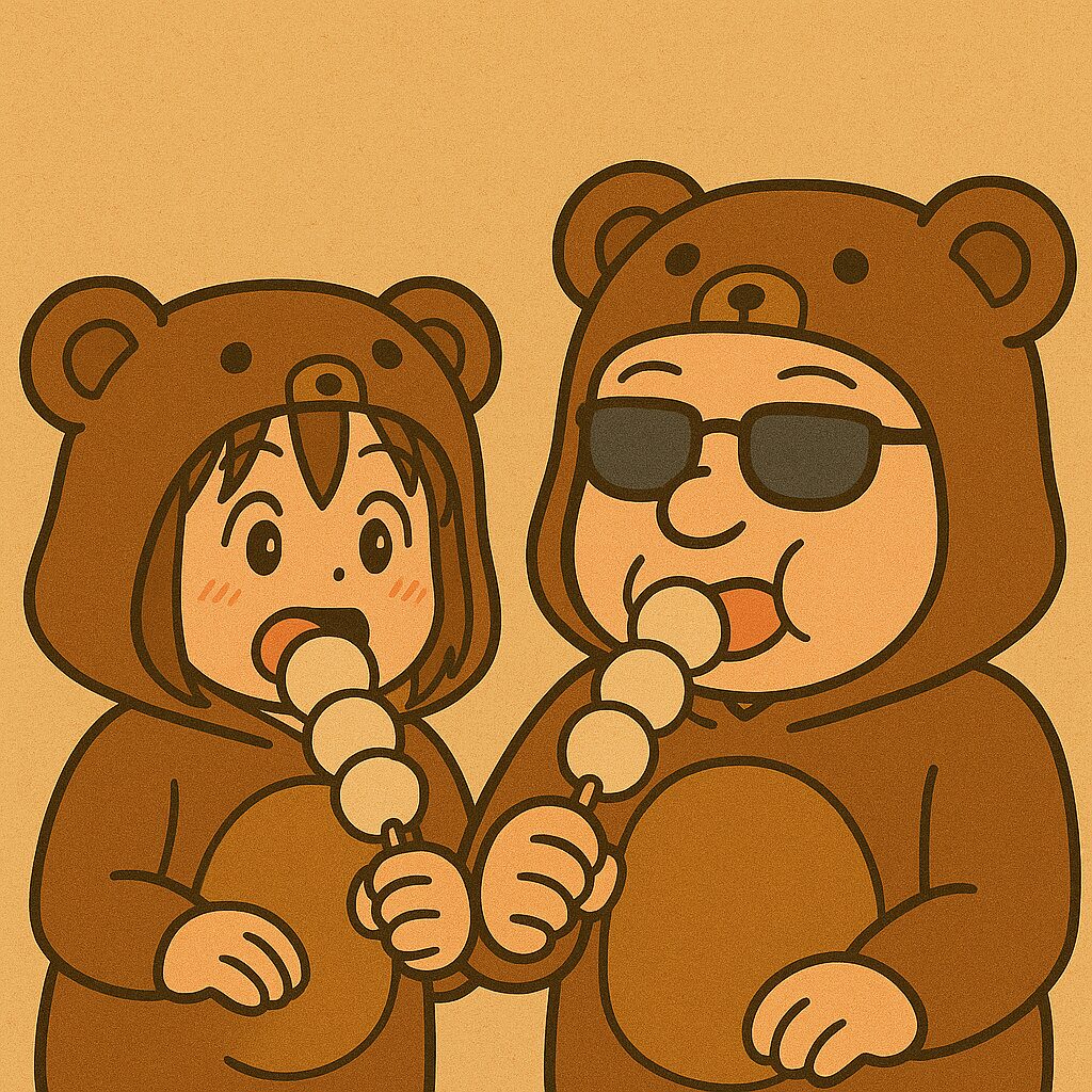 くまの着ぐるみを着た夫婦が仲良く串団子を食べている様子