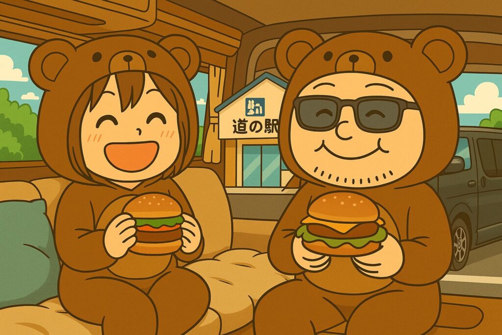 ハンバーガーを持って道の駅でくつろぐクマの着ぐるみ夫婦(イラスト)