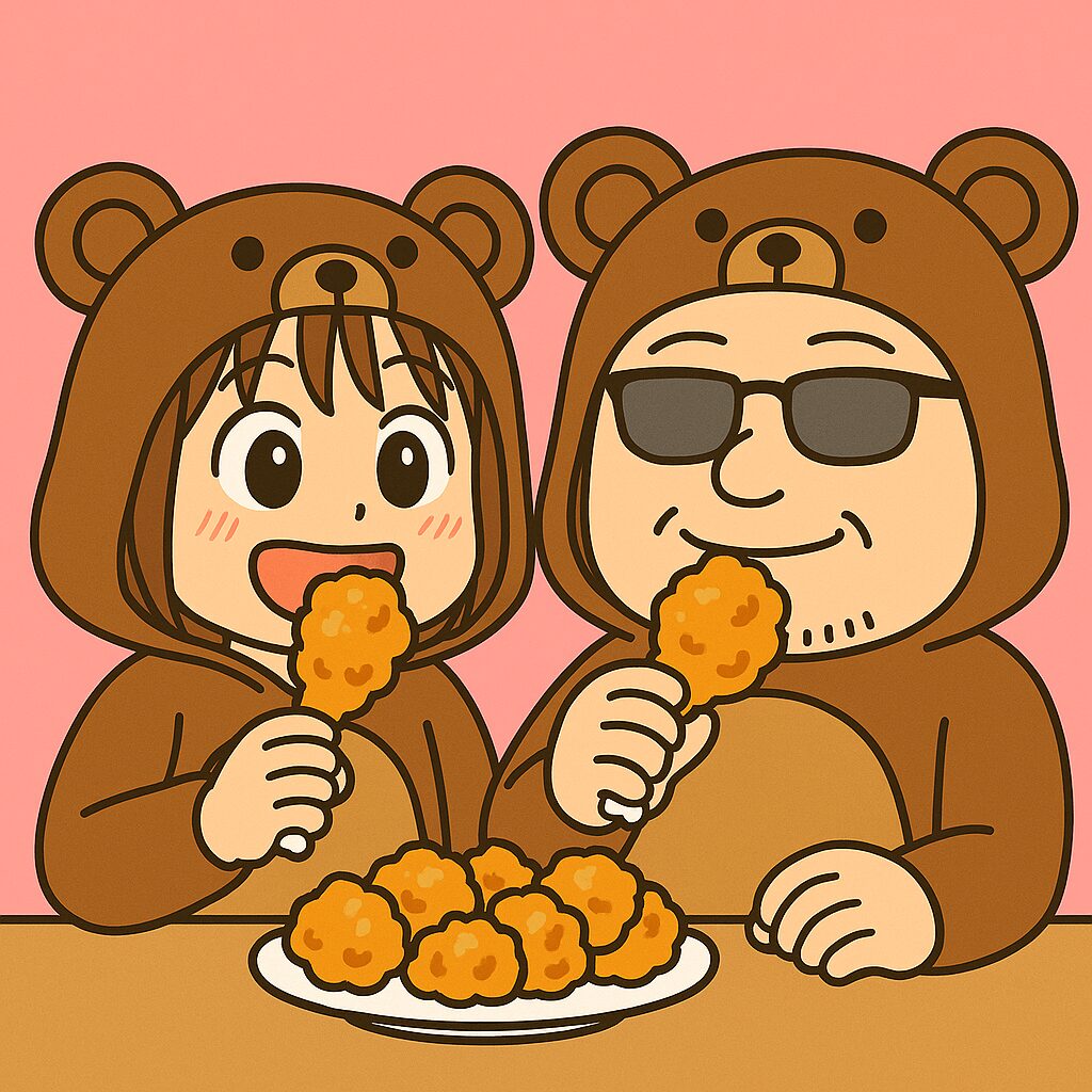 くまの着ぐるみを着た夫婦が車中泊中にザンギを食べている様子のイラスト