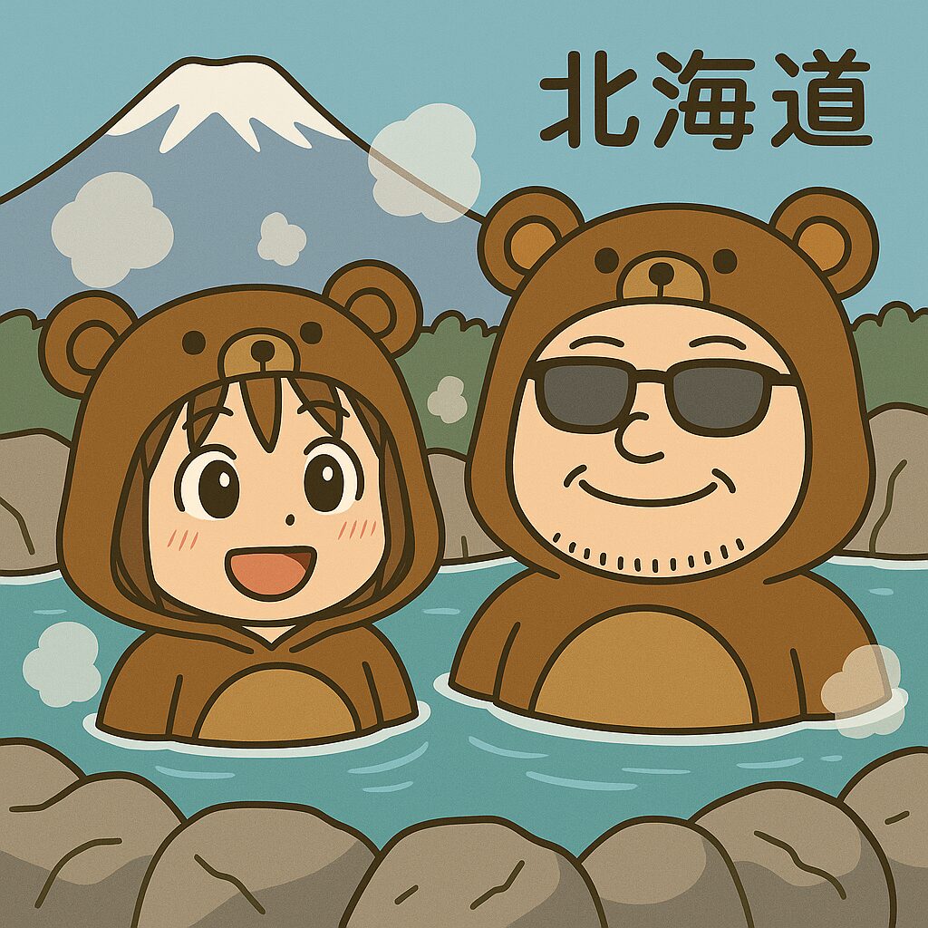 くまの着ぐるみを着た夫婦が温泉に入っているイラスト。背景には北海道の文字と雪山、湯けむりのある露天風呂の風景。