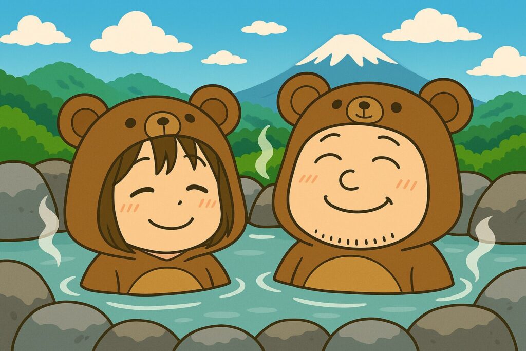 露天風呂で笑顔を浮かべるくまの着ぐるみ夫婦のイラスト