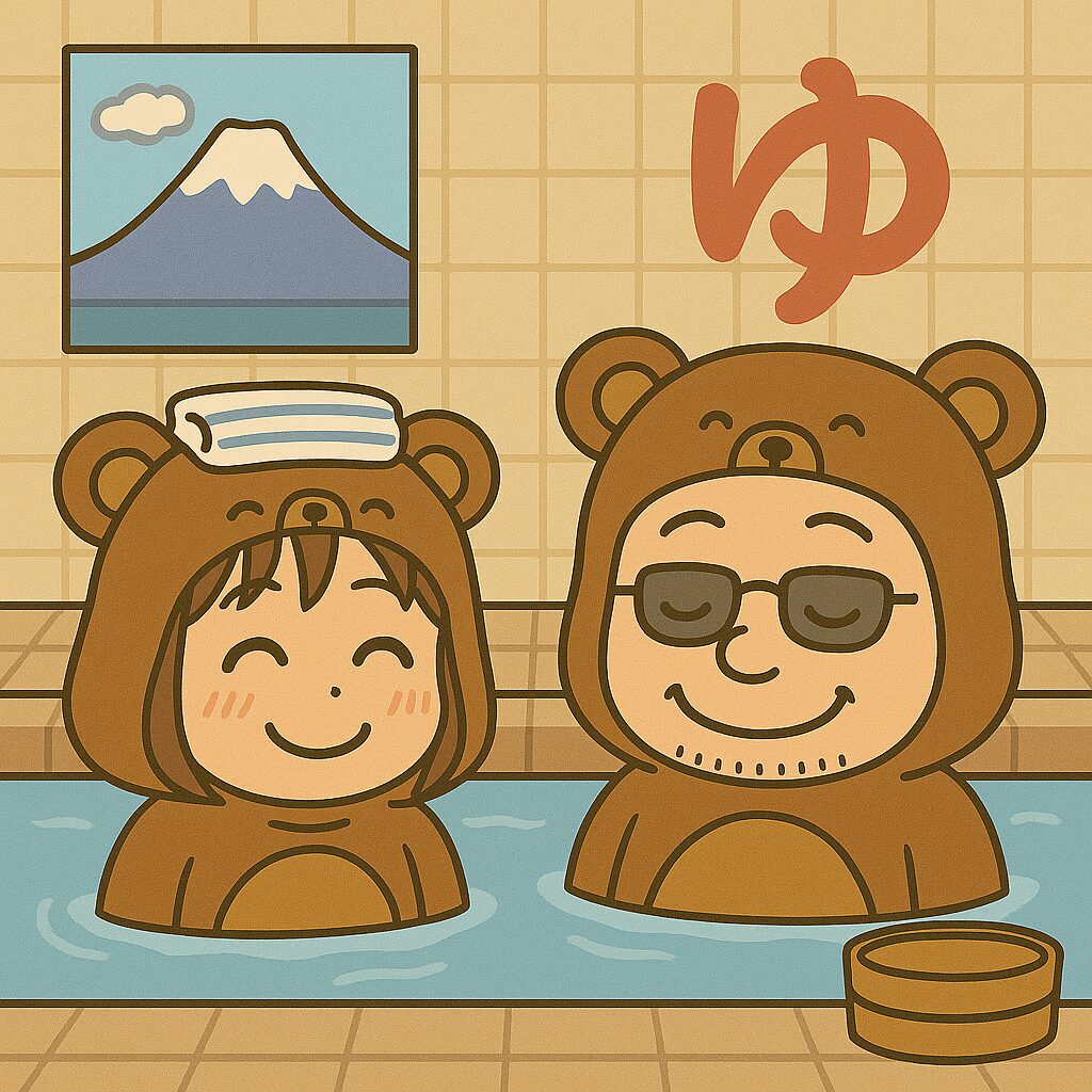 銭湯で気持ちよさそうにお風呂に入るくま夫婦の可愛いイラスト