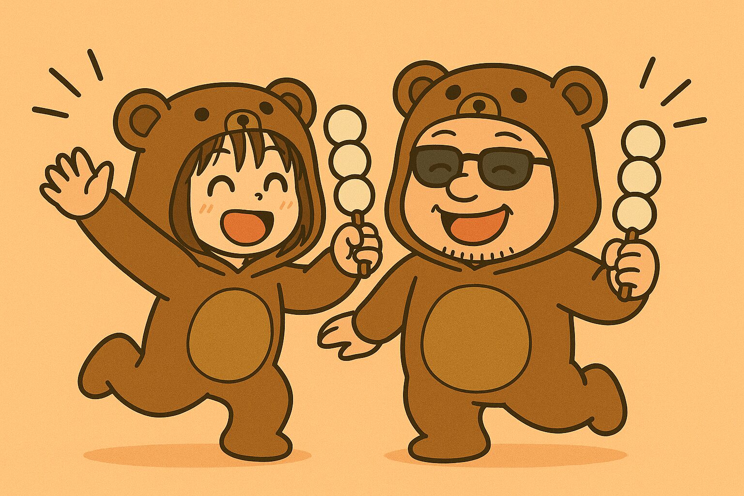 団子を持って楽しそうに踊るクマの着ぐるみの男女イラスト