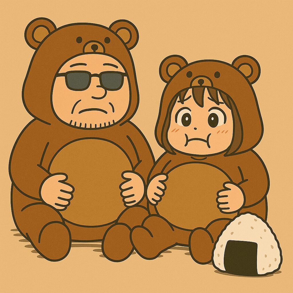 くまの着ぐるみを着た夫婦が座ってお腹を押さえ、おにぎりの前で満腹そうな表情をしているイラスト