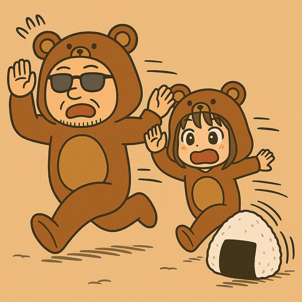 くまの着ぐるみを着た夫婦が巨大なおにぎりから慌てて逃げているコミカルなイラスト