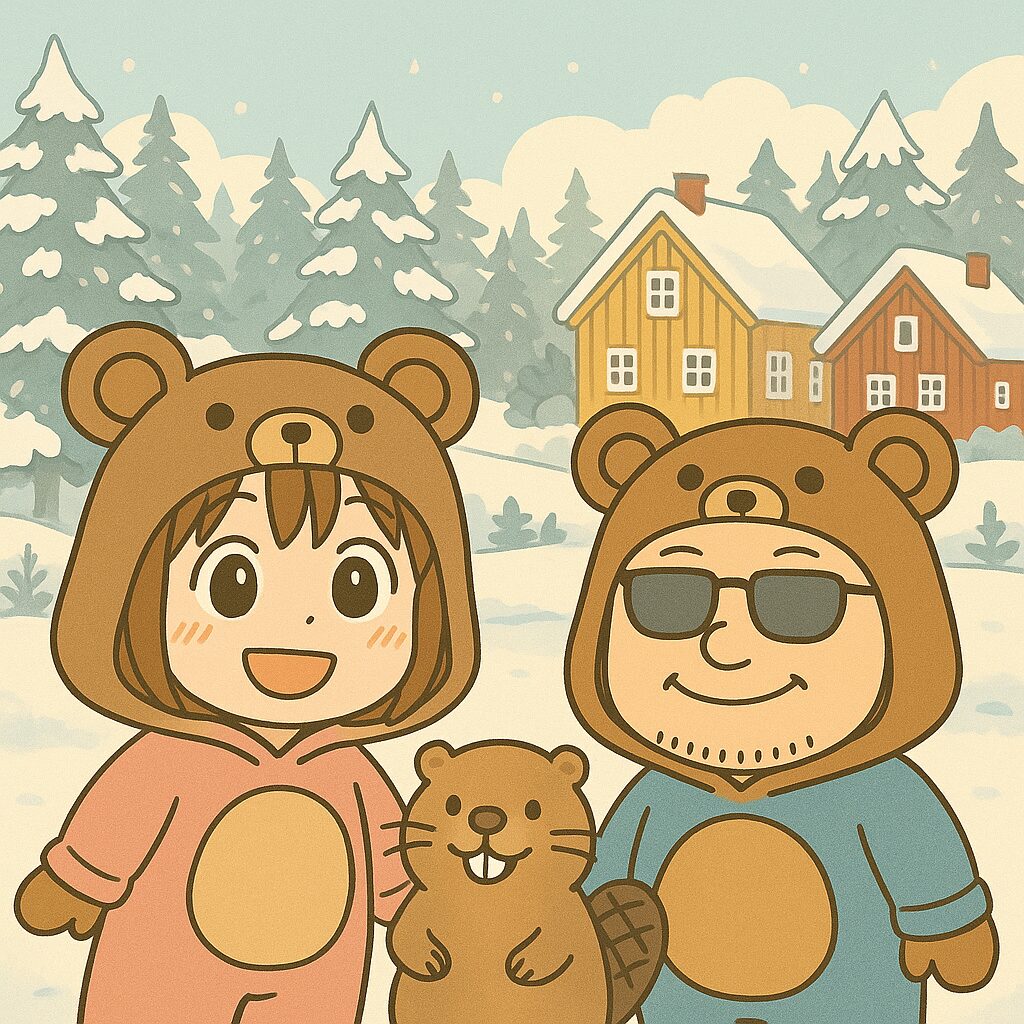 雪景色の中、くまの着ぐるみを着た夫婦がビーバーと一緒に並んで微笑んでいるイラスト。背景には北欧風の家が建ち並ぶ