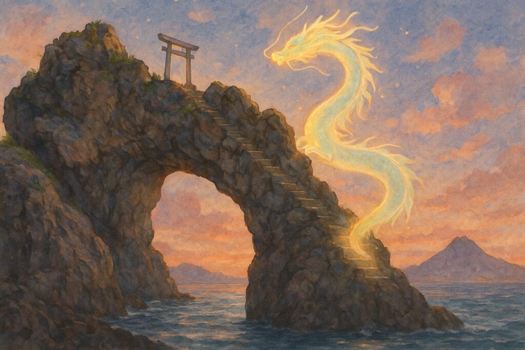 窓岩の階段を昇る海の龍神を描いた幻想的なイラスト。夕暮れの空と鳥居が印象的。