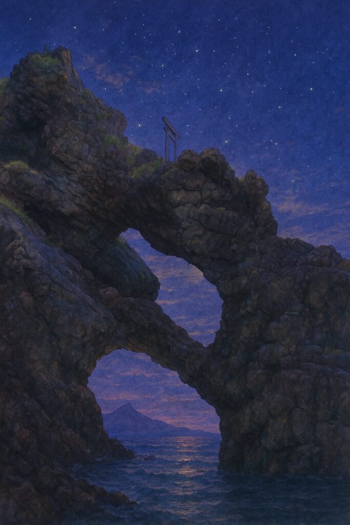 星空が広がる夕暮れ時の窓岩と鳥居を幻想的に描いたイラスト