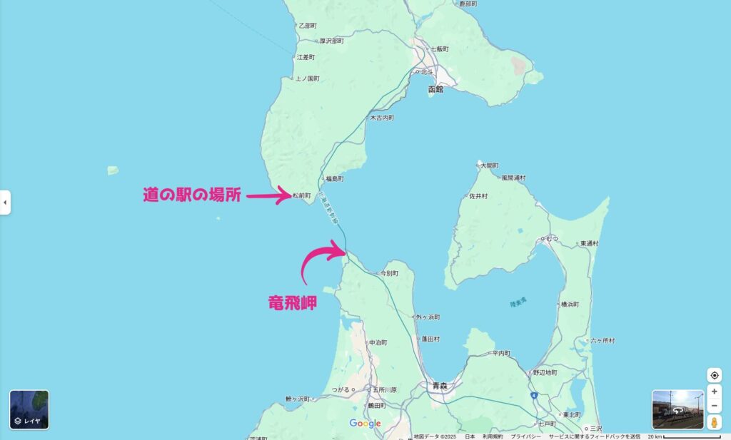 松前町から青森・竜飛岬周辺までの地図ルート表示