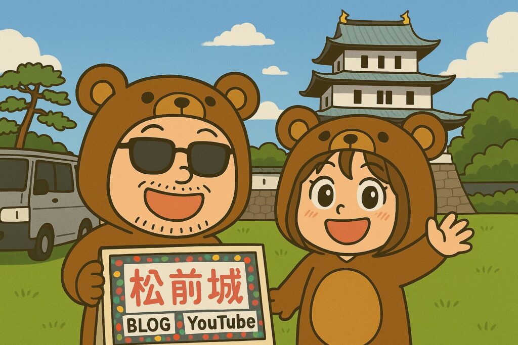 松前城を訪れるくまの着ぐるみ姿のふたりを描いたイラスト