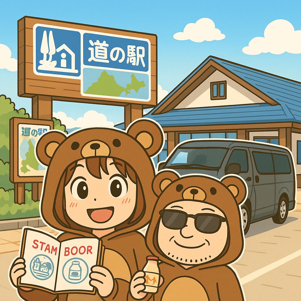 道の駅の前でスタンプブックとご当地ドリンクを手に楽しむくまの着ぐるみ姿の夫婦とハイエース