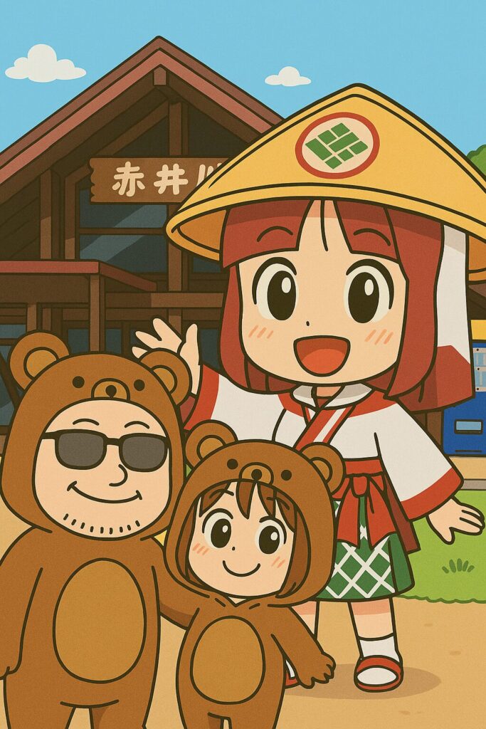 道の駅「赤井川」の前で、クマの着ぐるみを着た夫婦と、伝統衣装を着たキャラクターあかりんが笑顔で並んでいる様子。