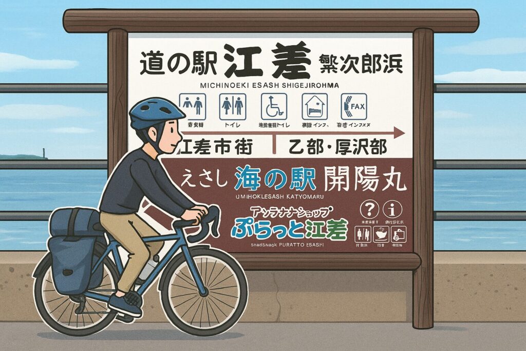 道の駅江差(繁次郎浜)の看板前を通る自転車の旅人のイラスト。背景に青い海が広がる。