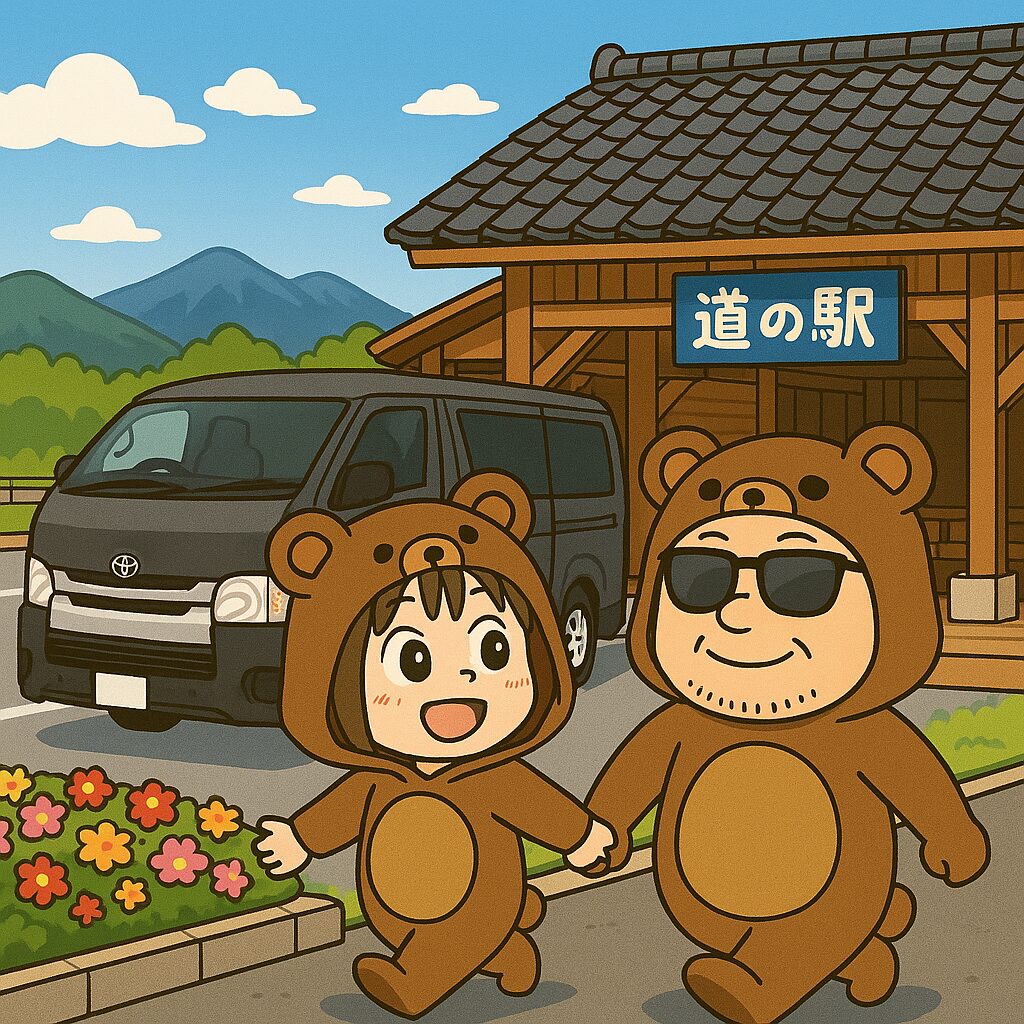 道の駅に立ち寄って手をつなぎ歩くくま夫婦のイラスト