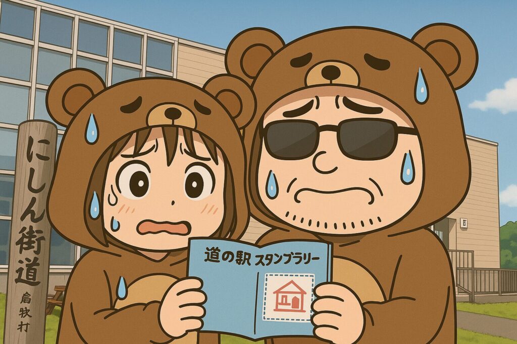 「道の駅よってけ!島牧」の前で、スタンプ帳を見ながら冷や汗をかいているくま夫婦のイラスト