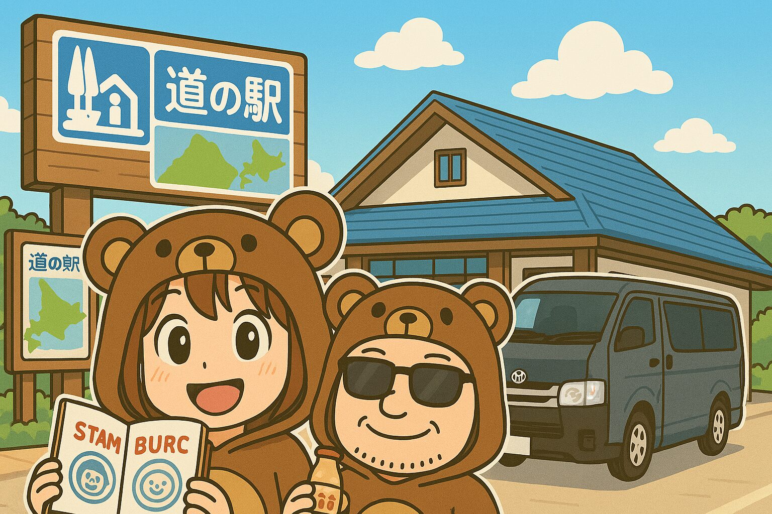 道の駅の前でスタンプブックとご当地ドリンクを手に楽しむくまの着ぐるみ姿の夫婦とハイエース