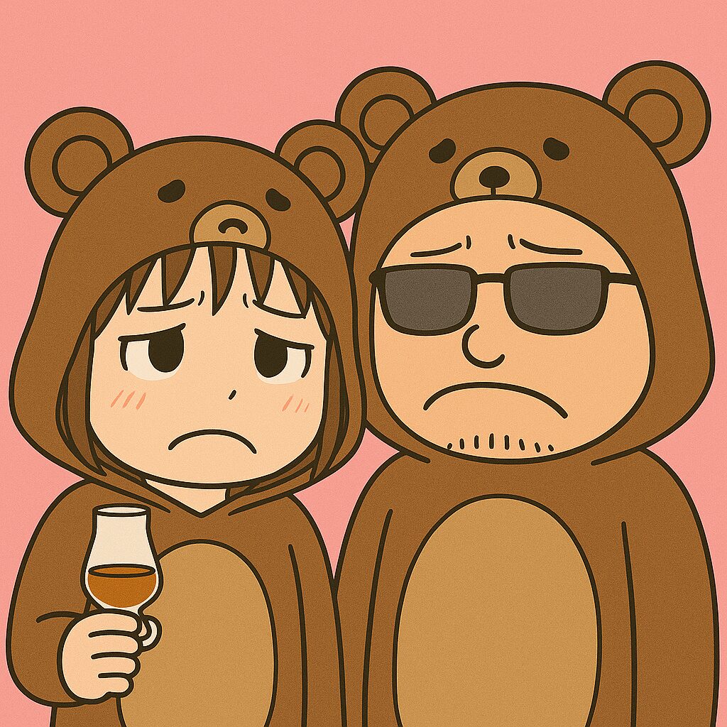 ウイスキーを持って渋い表情を浮かべるくまの着ぐるみを着た夫婦のイラスト
