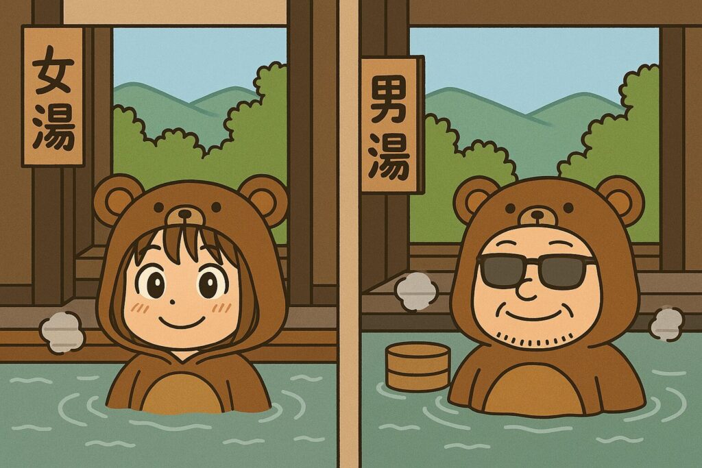男湯と女湯に分かれて温泉を楽しむくま嫁とくま夫のイラスト
