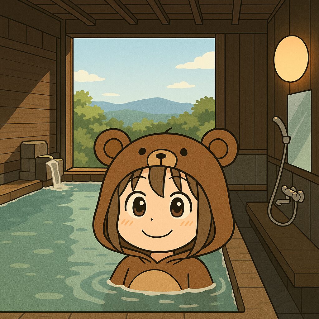 熊の着ぐるみを着たくま嫁が温泉でほっこり浸かっている様子