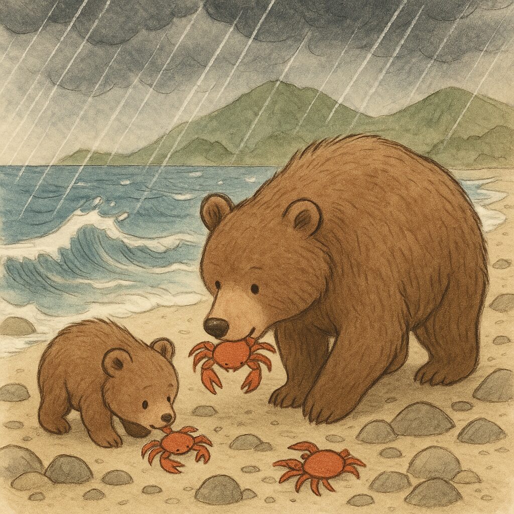 雨の中、海岸でカニをくわえる親子の熊のイラスト
