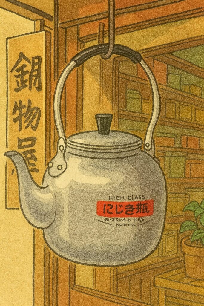 レトロな金物屋に吊るされた銀色のやかん「にしき瓶」
