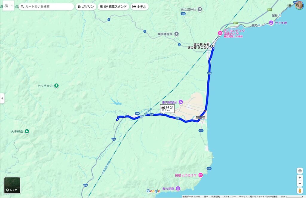 道の駅「みそぎの郷 きこない」から知内温泉へのルート地図(所要約24分)
