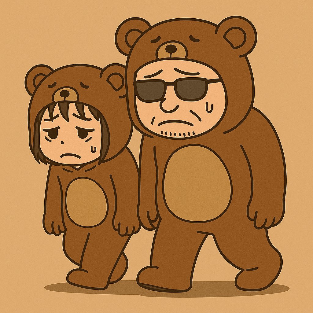 着ぐるみ姿のくま夫婦が疲れた様子で並んで歩くイラスト