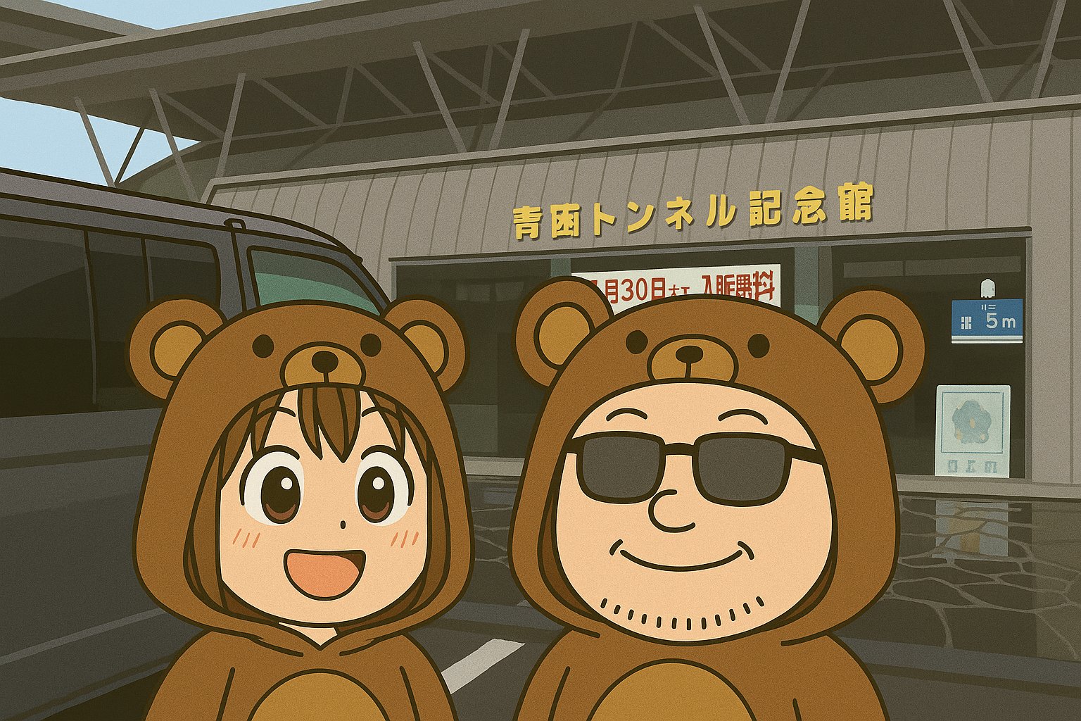 青函トンネル記念館を背景に記念撮影するくま着ぐるみ姿の二人のイラスト