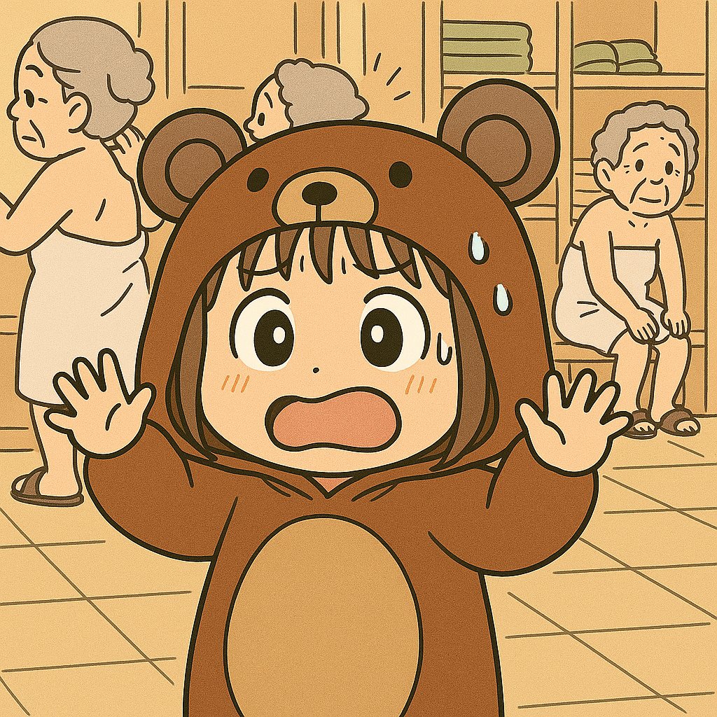 銭湯の脱衣場で慌てふためくクマの着ぐるみの嫁