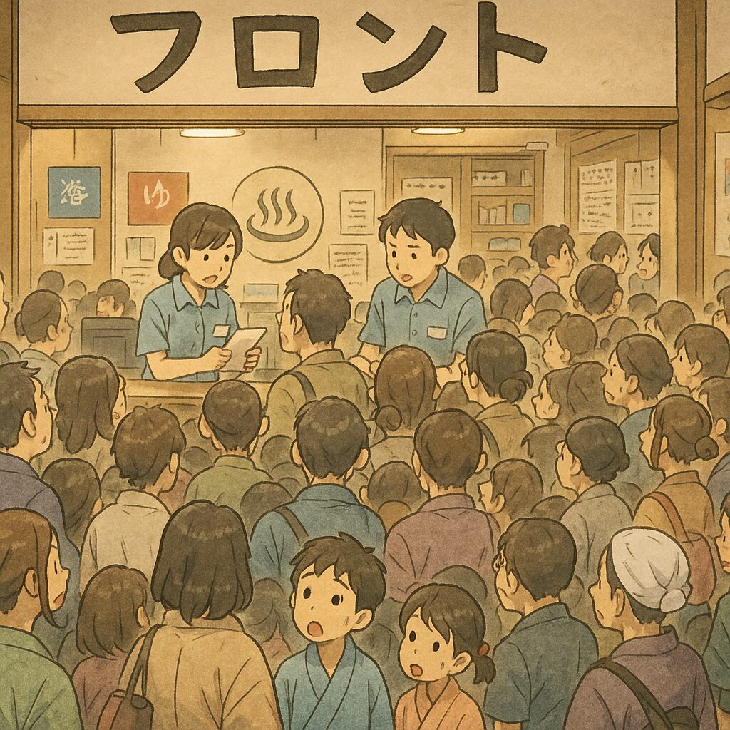混雑する銭湯のフロントに集まる高齢者たちの様子