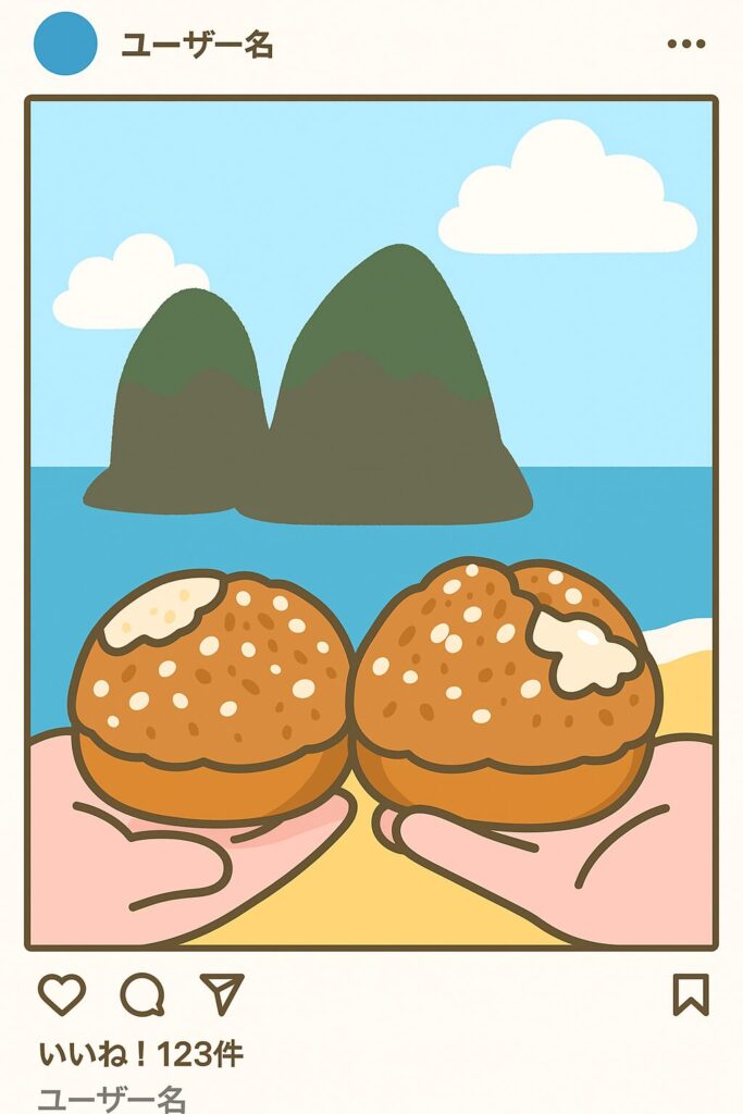 岩のような形をしたシュークリームと夫婦岩を背景にしたSNS風イラスト