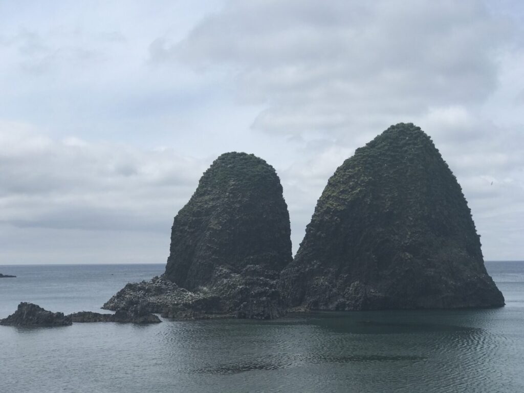青空と穏やかな海に浮かぶ三本杉岩のクローズアップ