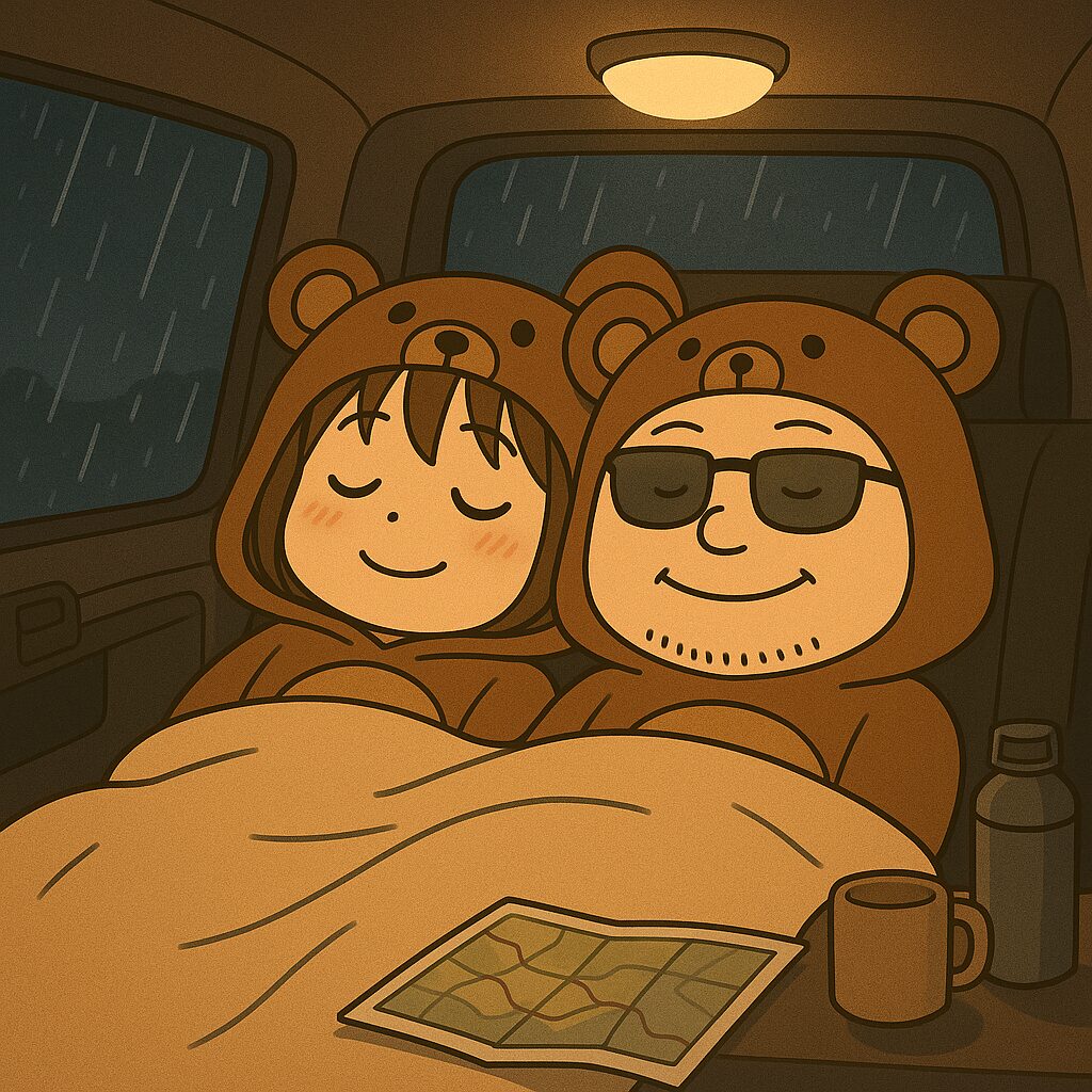 雨の夜、車内でブランケットに包まれて眠るくまの着ぐるみ姿の夫婦のイラスト。コップと地図も添えられている。
