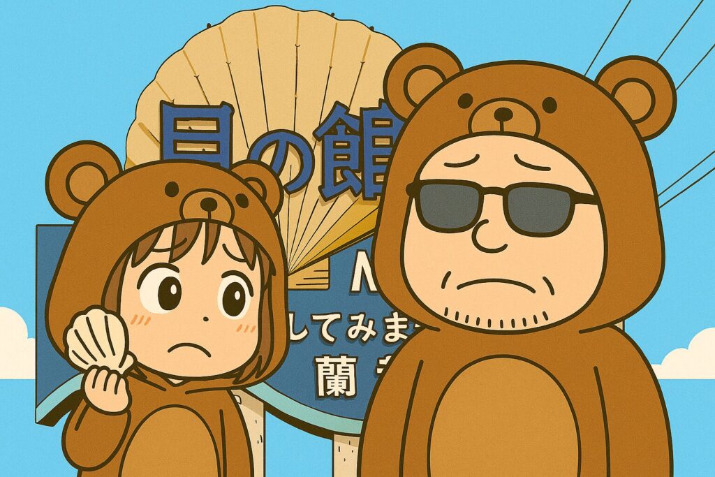 貝の館の前で悲しげな表情を浮かべるくま夫婦のイラスト