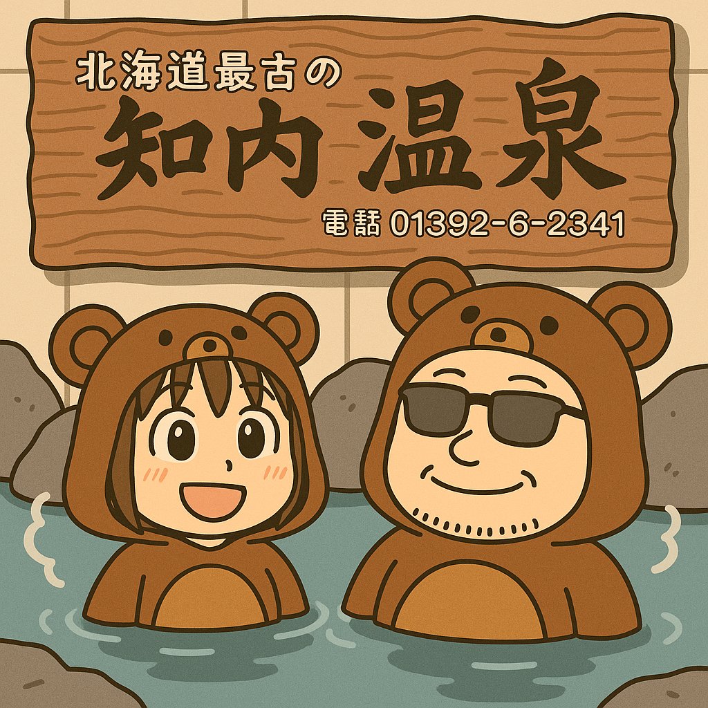 クマの着ぐるみを着た夫婦が北海道最古の知内温泉で笑顔で湯船に浸かっているイラスト