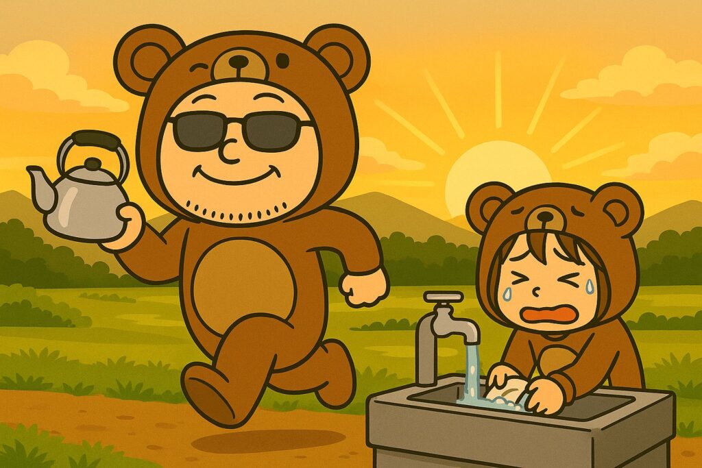 朝日が昇る野外で、食器を洗うくまの着ぐるみ姿の女性と、笑顔でケトルを持つ男性のイラスト