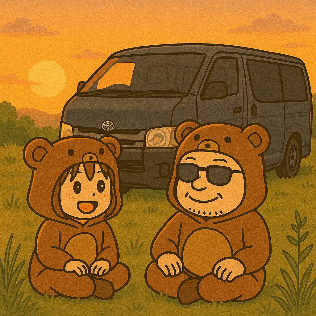 夕暮れの草原でハイエースを背景に、クマの着ぐるみを着た夫婦が微笑み合って座っている様子