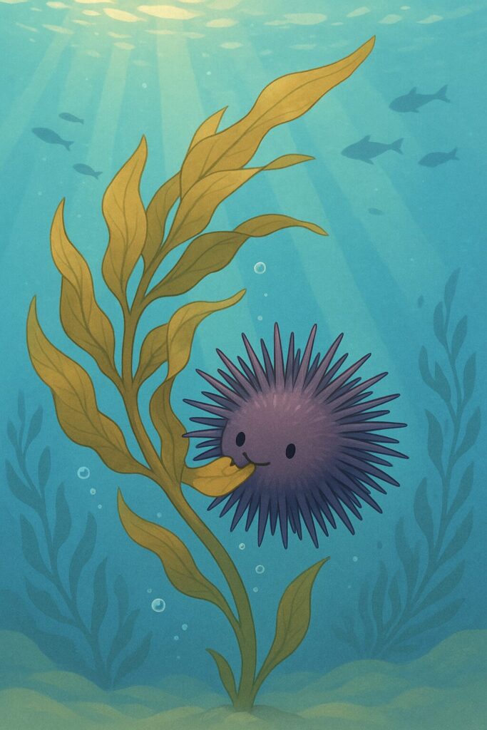 海の中で昆布を食べるウニの可愛いイラスト