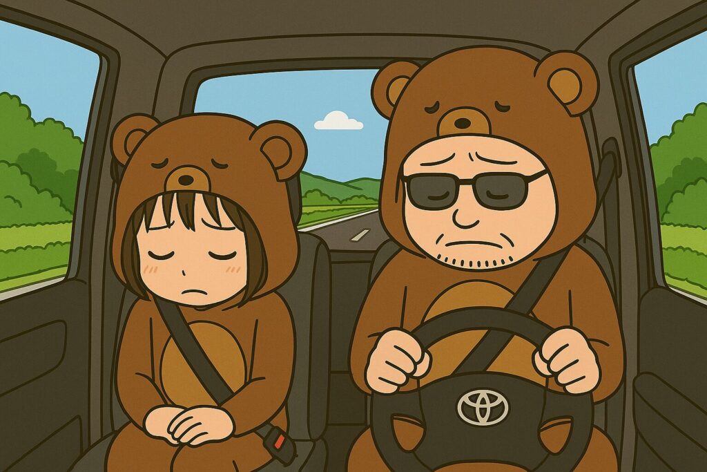 落ち込んだ表情で車を運転するクマの着ぐるみ姿の夫婦のイラスト